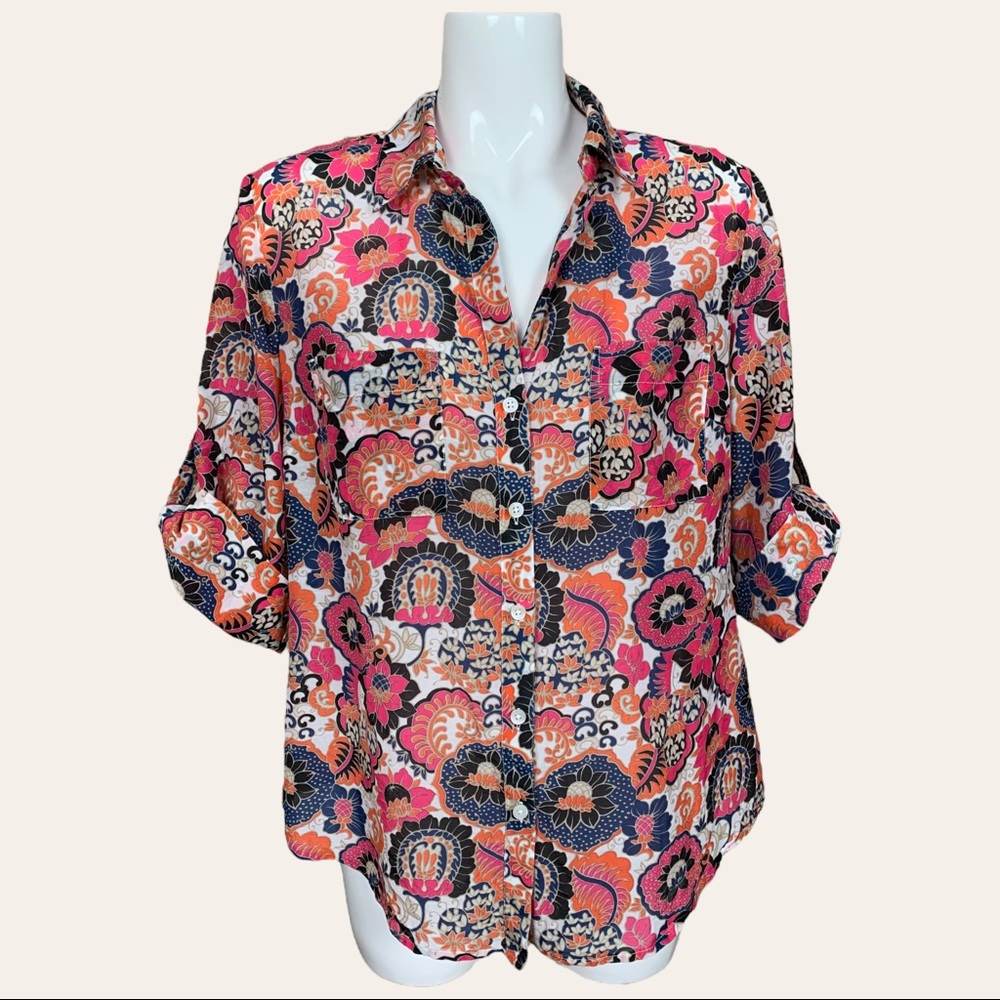 Ann Taylor Silk Blend Floral Bohemian Button Down Blouse Size 14